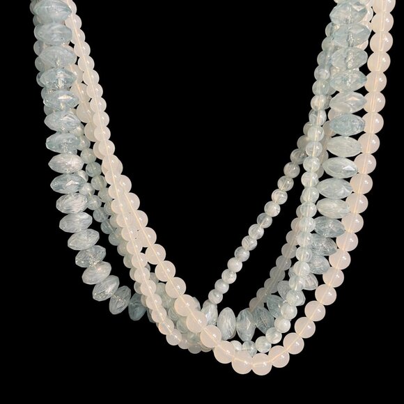 Layered Blue White Plastic Bead Necklace Multi Strand Retro Boho Statement Piece - Picture 2 of 6